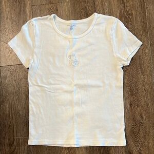 Brandy Melville White Short Sleeve Tee with blue bear embroidery
